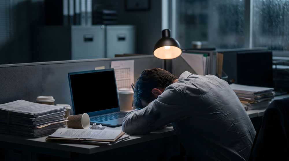 Overwhelmed worker slumped at a desk