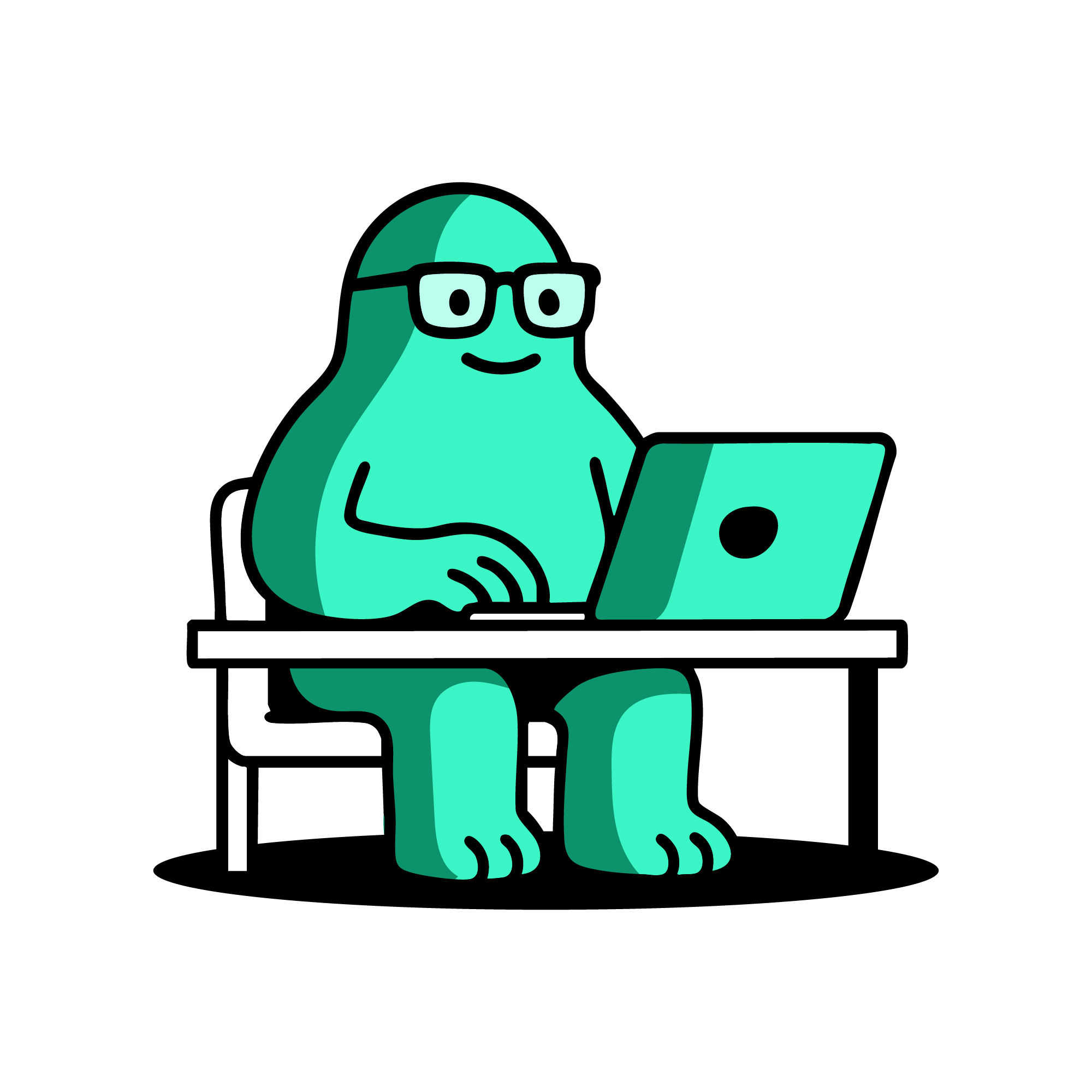 OpX practitioner mascot studying at a laptop