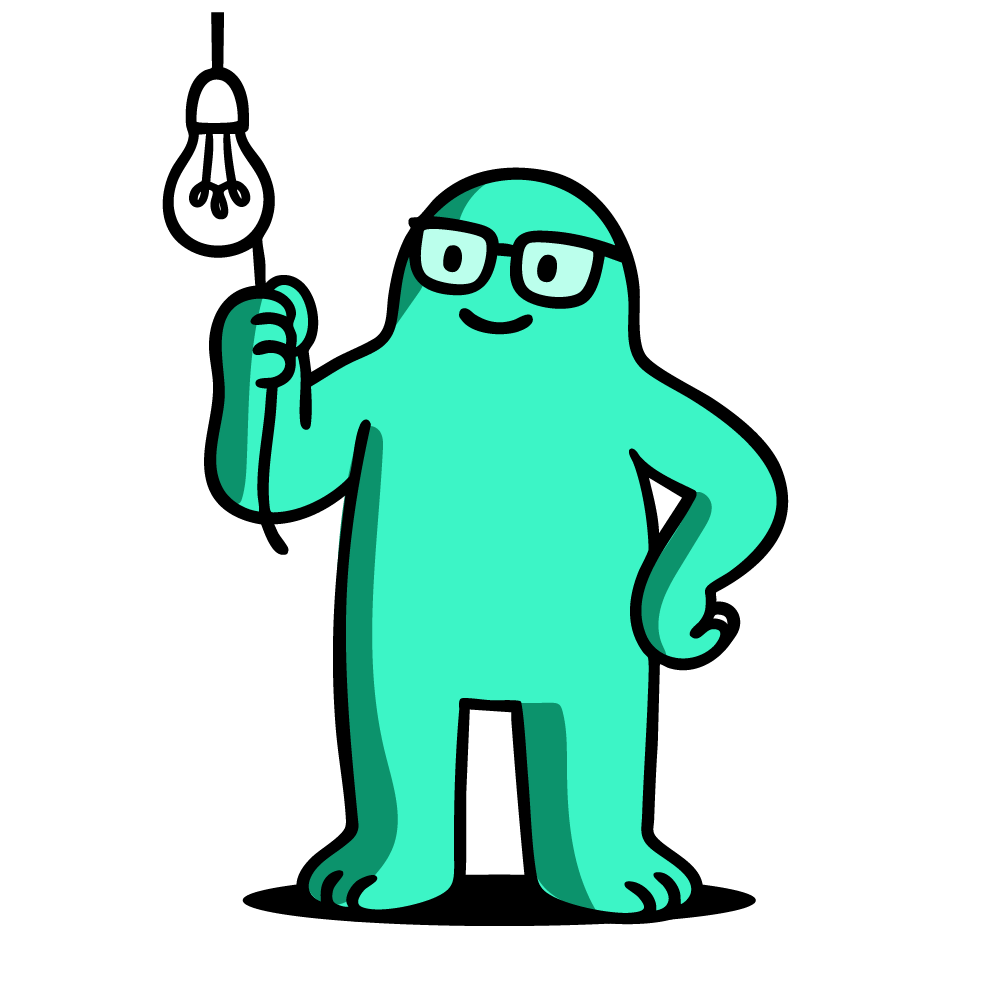 OpX practitioner mascot holding a lit lightbulb — the moment of insight